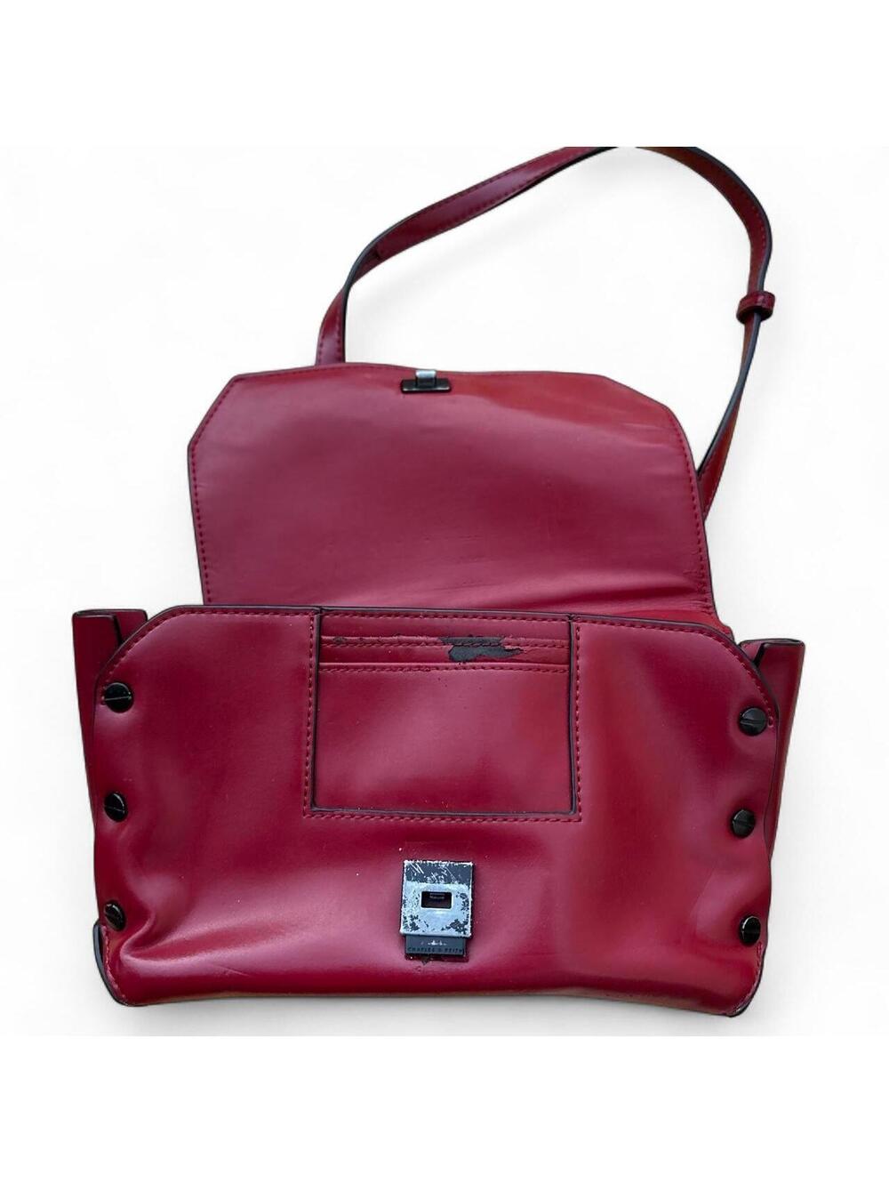 charles & keith angular flap red faux structured faux leather crossbody bag
